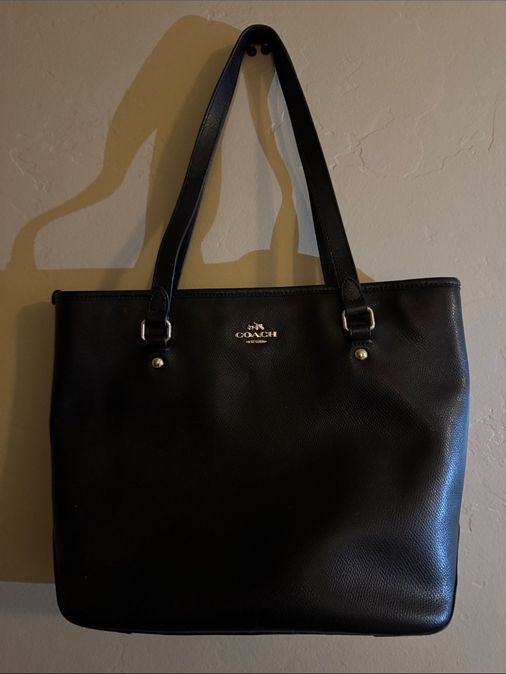Coach Black Leather Tote with Gold-Tone Logo
